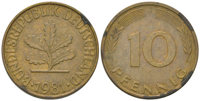 ФРГ 10 пфеннигов 1981 F KM 108, J. 383 сталь плакированная латунью 3459-525