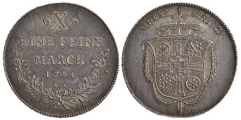 Майнц 1 талер 1794 Фридрих Карл Йозеф фон Эрталь (1774-1802) Dav. 2432 A, Slg. Walther 649 серебро 10-009-69