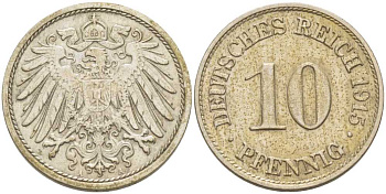 ГЕРМАНИЯ 10 ПФЕННИГОВ 1915 A KM 12, J. 13, Weege 8 медно-никель 212-323