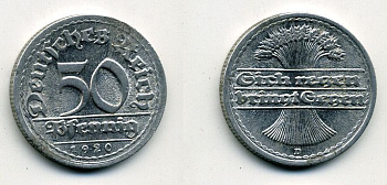 ГЕРМАНИЯ 50 ПФЕННИГОВ 1920 D KM 27, J. 301 алюминий 41-821