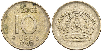 Швеция 10 эре 1960 Густав VI Адольф (1950-1973) KM 823 серебро 4147-925