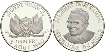 Нигер 1000 франков 1960 ESSAI, президент Амани Диори (Hamani Diori), независимость KM E6 серебро PROOF 11-083-22