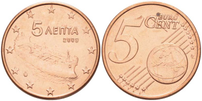 ГРЕЦИЯ 5 ЕВРОЦЕНТОВ 2009 KM 183 сталь плакированная медью UNC 214-356