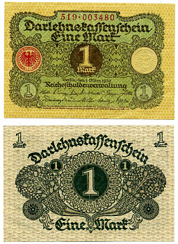 Германия 1 марка 1920 1 марта 1920, Веймарская республика, серия 519 Pick 58, Розенберг 64 бумага 2195-31-2-1