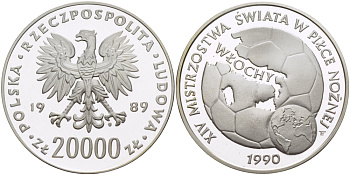 Польша 20000 злотых 1989 MW, чемпионат мира по футболу в Италии 1990 года, мяч и глобус KM 223, Parchimowicz 370 серебро PROOF 1078-10-42