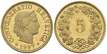 Швейцария 5 раппенов 1997 B HMZ 2.1212, KM 26c, Schoen 24c алюминиевая бронза UNC 4516-255