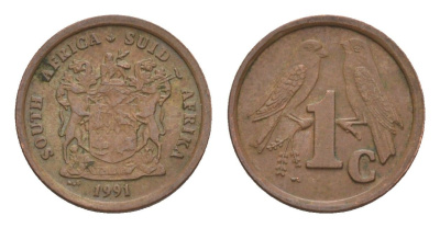 ЮАР 1 цент 1991 герб, капские воробьи KM 132 сталь плакированная медью 4608-626