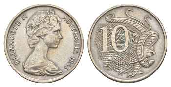 Австралия 10 центов 1966 Елизавета II (1952-2022), птица лирахвост KM 65 медно-никель 4364-3524