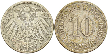 ГЕРМАНИЯ 10 ПФЕННИГОВ 1899 A KM 12, J. 13, Weege 8 медно-никель 261-1334