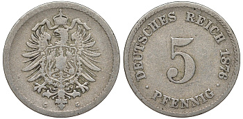 Германия 5 пфеннигов 1876 C, старогербовка KM 3, J. 3 медно-никель 51-3231