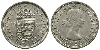 Великобритания 1 шиллинг 1963 Елизавета II (1952-2022), Английский герб KM 904, Spink 4147 медно-никель 4384-451