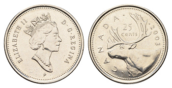 Канада 25 центов 2003 Елизавета II (1952-2022), олень KM 184b сталь плакированная никелем UNC 113-1037