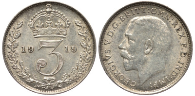 Великобритания 3 пенса 1919 Георг V (1910-1936) KM 813, Spink 4015 серебро 4528-466