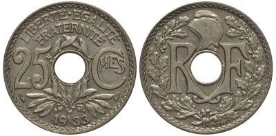 Франция 25 сантимов 1933 тип Линдауэр KM 867a, Le Franc 171 медно-никель 202-122