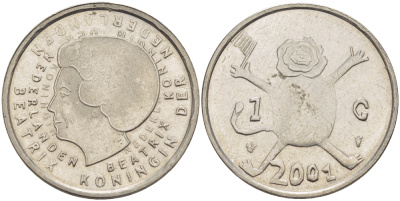 Нидерланды 1 гульден 2001 прощай гульден, детский рисунок, лев с флагом в руках KM 233 никель 86-1415