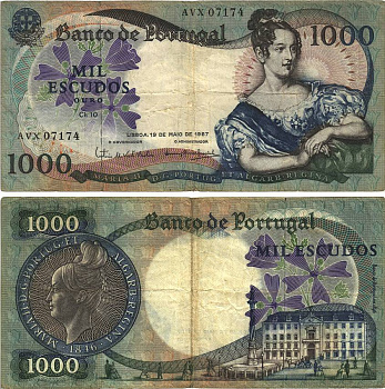 Португалия 1000 эскудо 1967 королева Мария II, Центральный банк Pick 172a бумага 8606-34-1-2