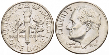 США 10 ЦЕНТОВ = 1 ДАЙМ 1999 D, РУЗВЕЛЬТ KM 195а медь плакированная медно-никелем 4547-953