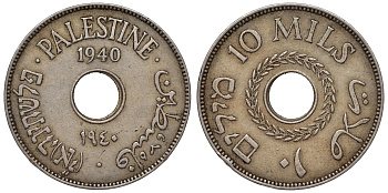 Израиль, Палестина 10 милсов 1940 Британская администрация KM 4 медно-никель 4117-521