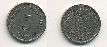 ГЕРМАНИЯ 5 ПФЕННИГОВ 1914 G KM 11, J. 12 медно-никель 54-655