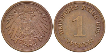 ГЕРМАНИЯ 1 ПФЕННИГ 1909 E KM 10, J. 10, Weege 2 медь 211-419