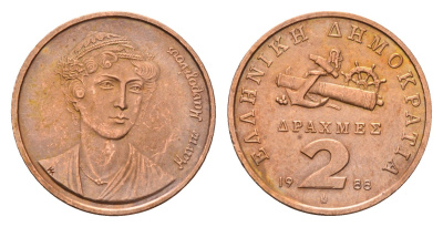 Греция 2 драхмы 1988 Манто Маврогенус (1796-1840) национальная героиня Греции в войне за освобождение KM 151 медь aUNC 4669-226