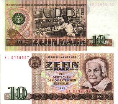 ГДР 10 МАРОК 1985 КЛАРА ЦЕТКИН, 7 ЦИФР В НОМЕРЕ Pick 28b бумага UNC (ПРЕСС) 2192-12-1-2