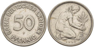 ФРГ 50 пфеннигов 1949 F KM 104, J. 379 медно-никель 4532-339