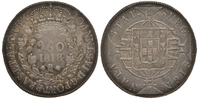 Бразилия 960 рейс 1818 R,  Жуан IV Португальский (1818-1822), красивая золотистая патина KM 326.1 серебро 00-00