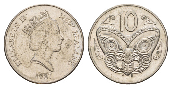 Новая Зеландия 10 центов 1987 Елизавета II (1952-2022), маска маори KM 61 медно-никель 4654-315