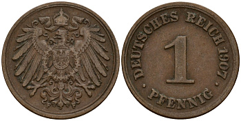 Германия 1 пфенниг 1907 F KM 10, J. 10 медь 4189-769