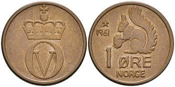 Норвегия 1 эре 1961 белка, Улаф V (1958-1991) KM 403 бронза UNC 4580-941