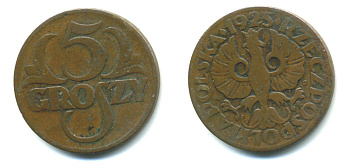 ПОЛЬША 5 ГРОШЕЙ 1925 w KM 10а бронза 4383-158