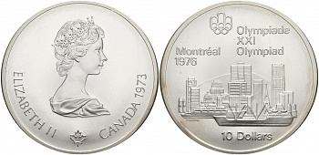 Канада 10 долларов 1973 XXI летние Олимпийские игры в Монреале 1976 года, вид на город KM 87 серебро UNC 01-172-13