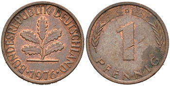 ФРГ 1 ПФЕННИГ 1976 D КМ 105, J. 380 сталь плакированная медью 4567-541