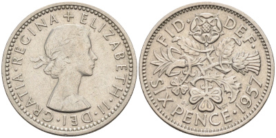 Великобритания 6 пенсов 1957 Елизавета II (1952-2022) KM 903, Spink 4149 медно-никель 4588-1236