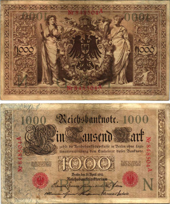 ГЕРМАНИЯ 1000 МАРОК 1910 21 АПРЕЛЯ 1910, ШЕСТИЗНАЧНЫЙ НОМЕР, СЕРИЯ А Pick 44а бумага 8610-2-1