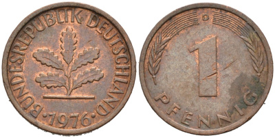 ФРГ 1 ПФЕННИГ 1976 D КМ 105, J. 380 сталь плакированная медью 4567-541
