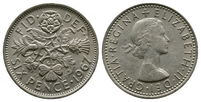 Великобритания 6 пенсов 1967 Елизавета II (1952-2022) KM 903, Spink 4149 медно-никель 4381-856