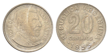 Аргентина 20 сентаво 1955 KM 52 сталь плакированная никелем 4664-162