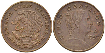 Мексика 5 сентаво 1957 Жозефа Ортис де Домингес KM 426 латунь 110-415