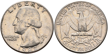 США 25 центов = квотер 1982 D, Вашингтон KM A164a медь плакированная медно-никелем 4584-1134