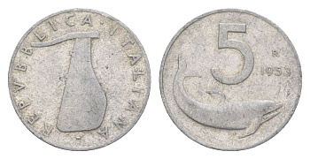Италия 5 чентезимо 1953 R, дельфин, плуг KM 92 алюминий 4627-1211