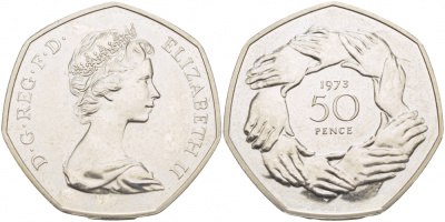 Великобритания 50 пенсов 1973 Елизавета II (1952-2022), вступление в Европейское экономическое сообщество KM 918, Spink 4224 медно-никель UNC 115-1134