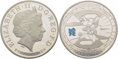 Великобритания 5 фунтов 2009 Елизавета II (1952-2022), XXX летние Олимпийские Игры, Лондон 2012 - Обратный отсчет «3», Плавание KM 1121a, Spink LO33 серебро PROOF 1077-6-22