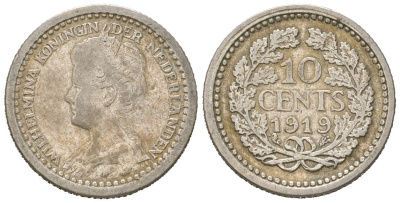 Нидерланды 10 центов 1919 Вильгельмина (1890-1948) KM 145 серебро 4611-223