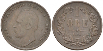 Швеция 1 эре 1870 Карл XV (1859-1872) KM 705 (490) бронза 3309-764