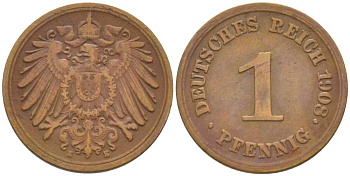 ГЕРМАНИЯ 1 ПФЕННИГ 1908 E KM 10, J. 10, Weege 2 медь 211-365