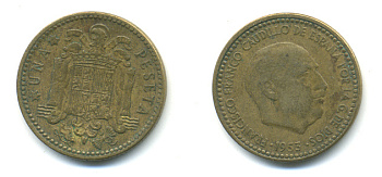 Испания 1 песета 1953 (56) Франциско Франко (1939-1975) KM 775 алюминиевая бронза 83-241