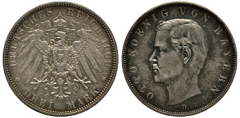 Бавария 3 марки 1909 Отто (1886-1913) Weege 45, J. 47, KM 515 серебро 3711-1923