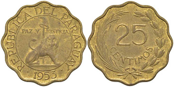Парагвай 25 сентимо 1953 лев, фригийский колпак на шесте KM 27 алюминиевая бронза aUNC 56-323